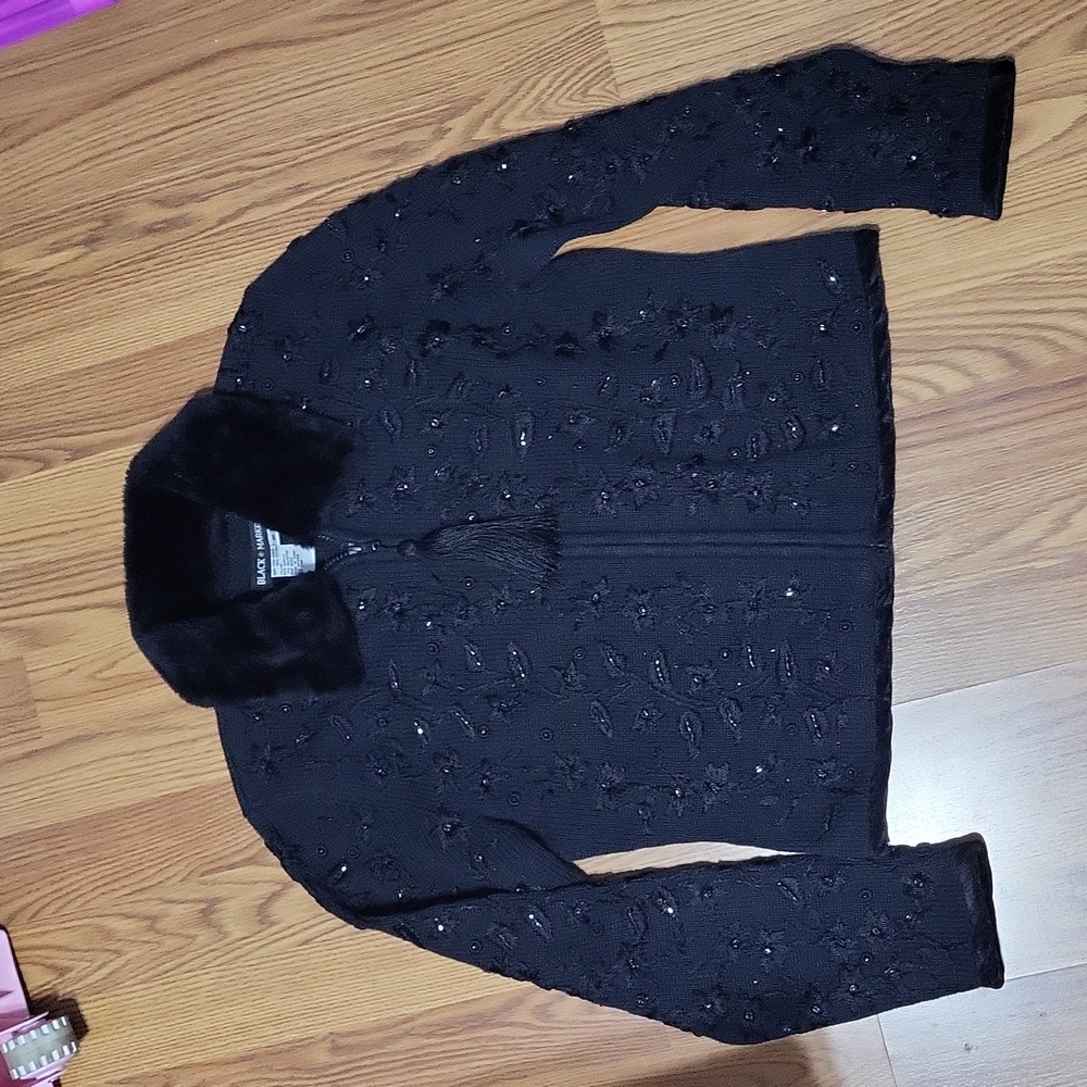 Womens M Black Market beaded zip up sweater cardigan tassel faux fur collar